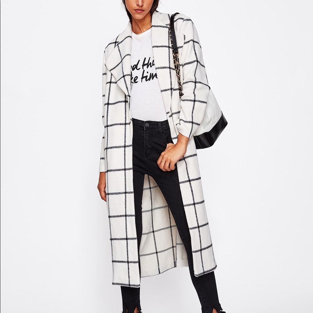 Drape Collar Grid Longline Coat
